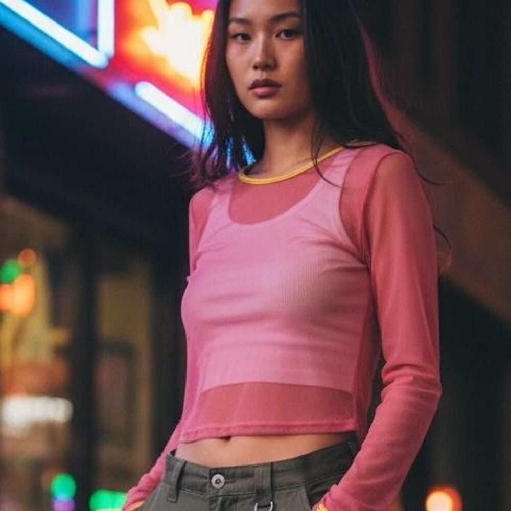 Y2K Sugar Thrillz Pink Mesh Long Sleeve Top Gold Trim Sheer Layer Festival Size